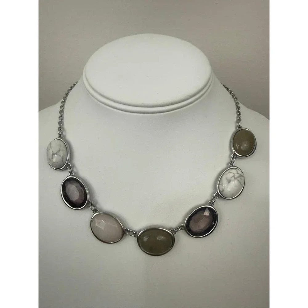 LOFT Silver Tone Necklace Stone Glass Oval Cabochon Statement Design